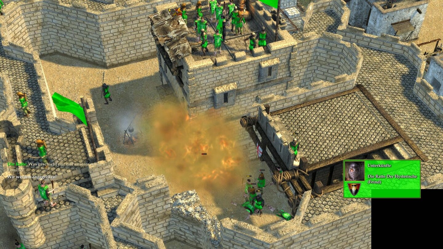 Stronghold Crusader 2Trebuchets verschießen auch Tierkadaver, die eine giftige Wolke hinterlassen. Die KI-Gegner bleiben darin stehen, bis sie umkippen. Weil das Stinketier hier direkt vor der Kaserne gelandet ist, fallen auch frisch rekrutierte Einheiten gleich um. Nur der Burgherr ist immun.