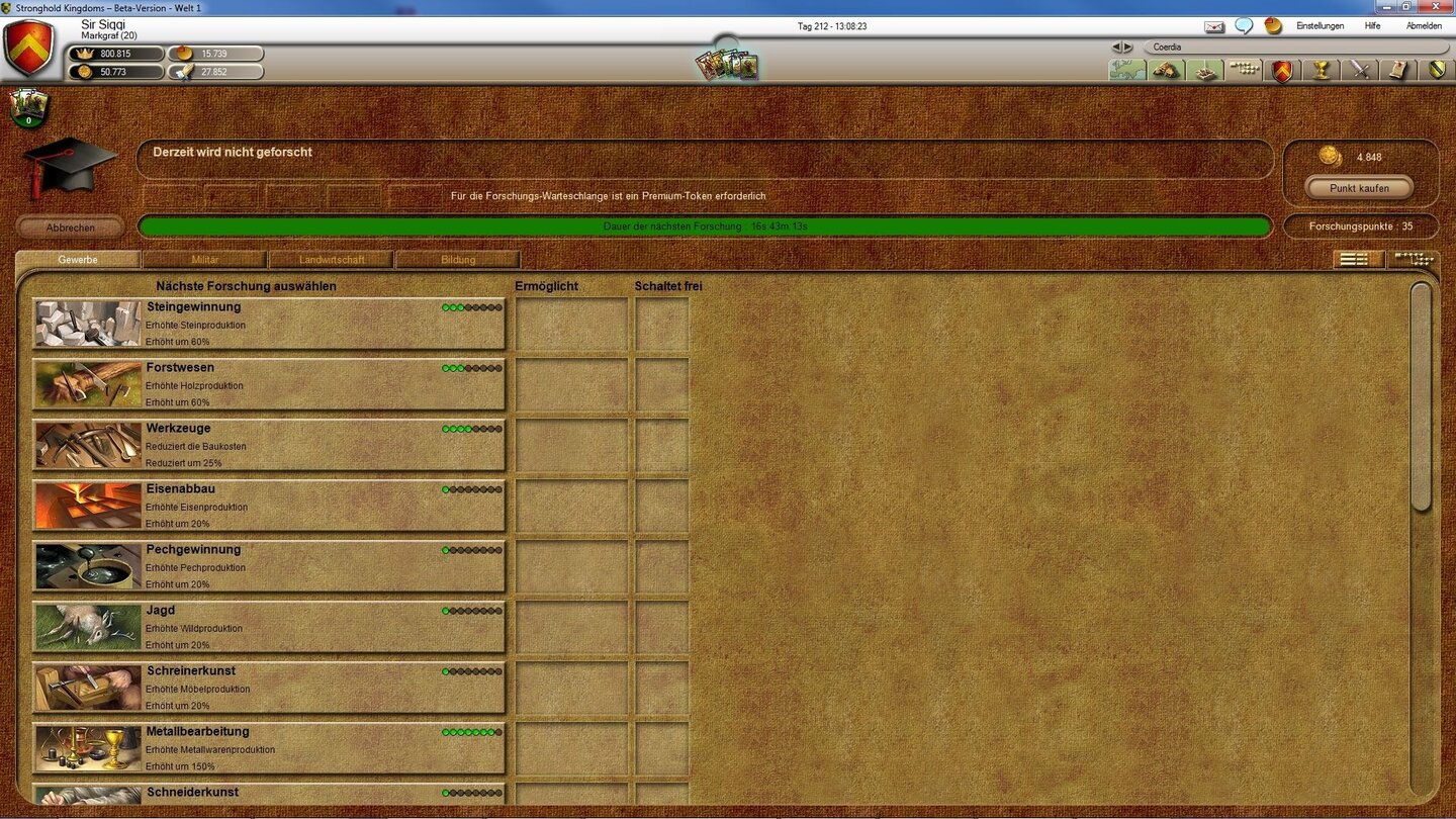 Stronghold KingdomsForschung: Wir haben alle Gewerbe-Disziplinen erforscht, können aber immer noch die Effizienz steigern.