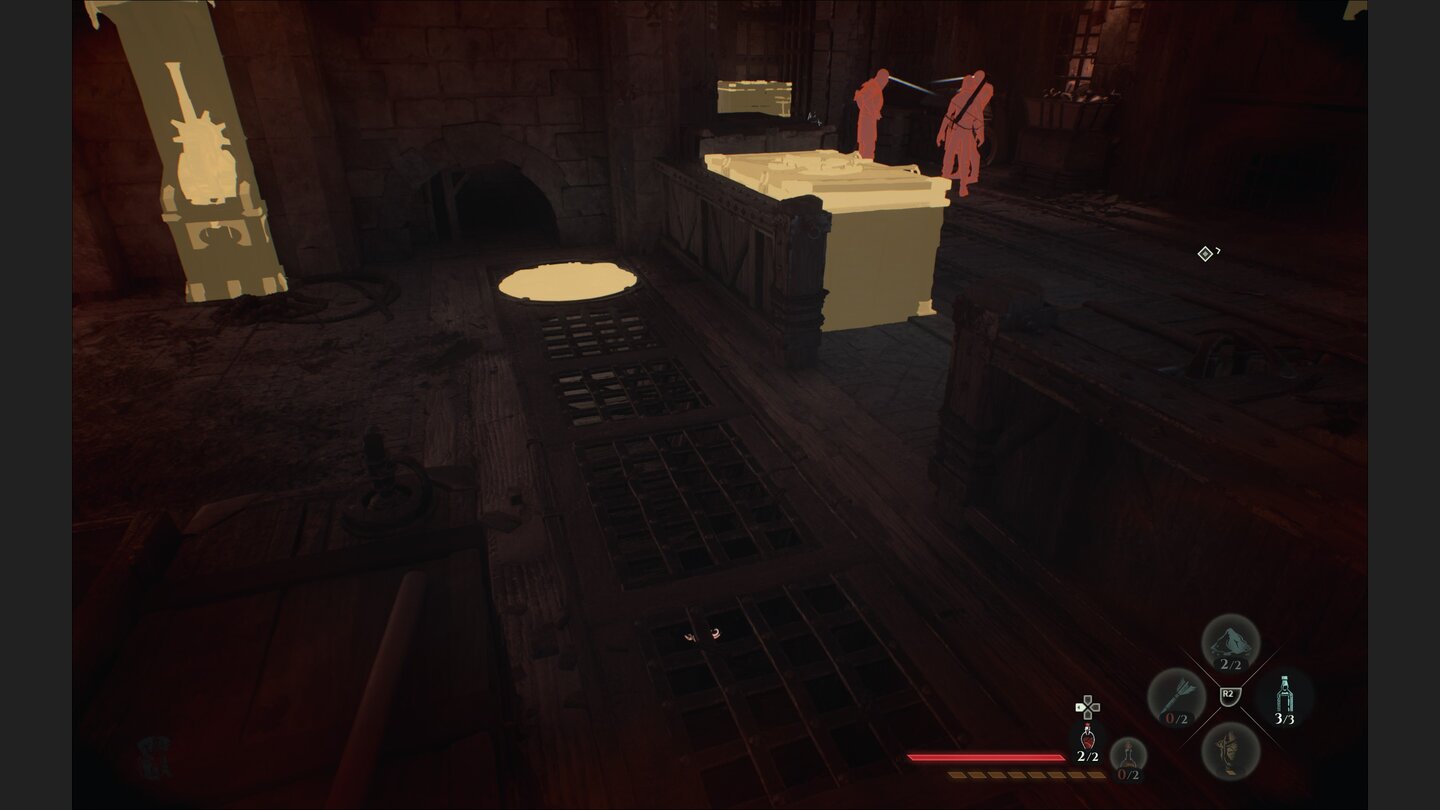 Über die Goldharz-Sicht markiert ihr nützliche Objekte, Gegner oder potenzielle Stolperfallen.