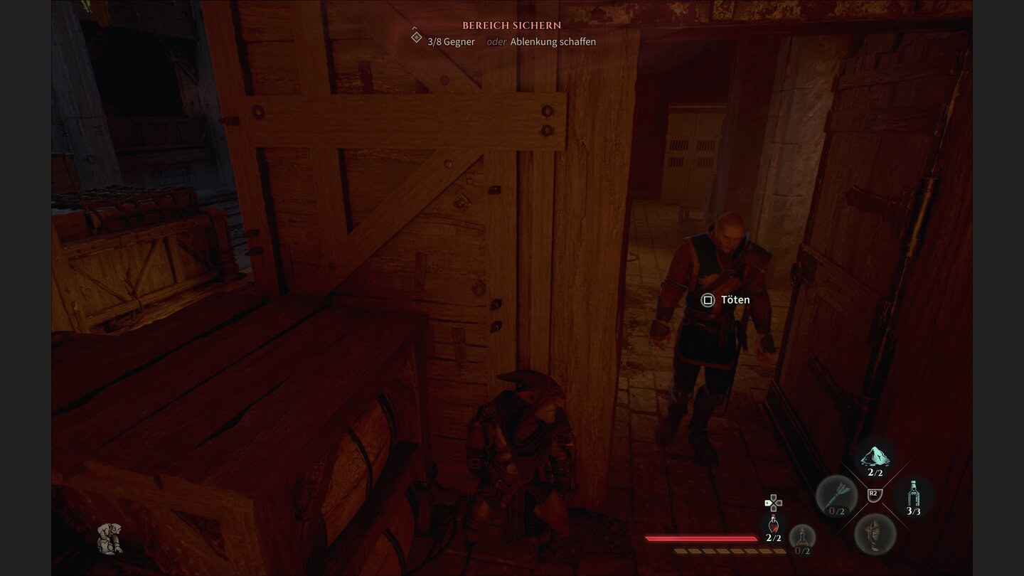 Gegnern aufzulauern und sie lautlos auszuschalten (Töten-Taste gedrückt halten), macht euer Leben in Styx: Blades of Greed deutlich leichter. Alarmierte Gegner sind hartnäckig.