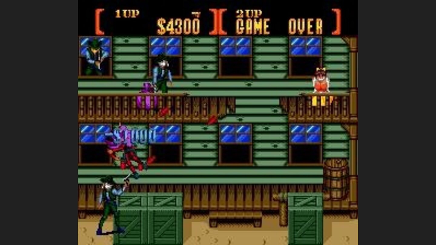 Standard hostage situation. Free the girl on the right balcony to complete the first half of a level