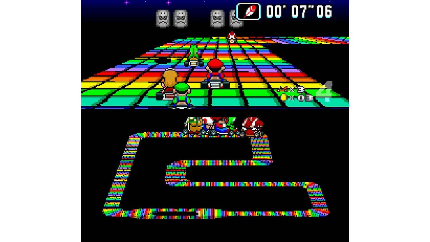 Super Mario KartSieht schön bunt aus, ist aber schrecklich zu fahren: Auf der Rainbow-Road gibt es keine Bande. Jeder Fehler auf der finalen Strecke führt zum Absturz.