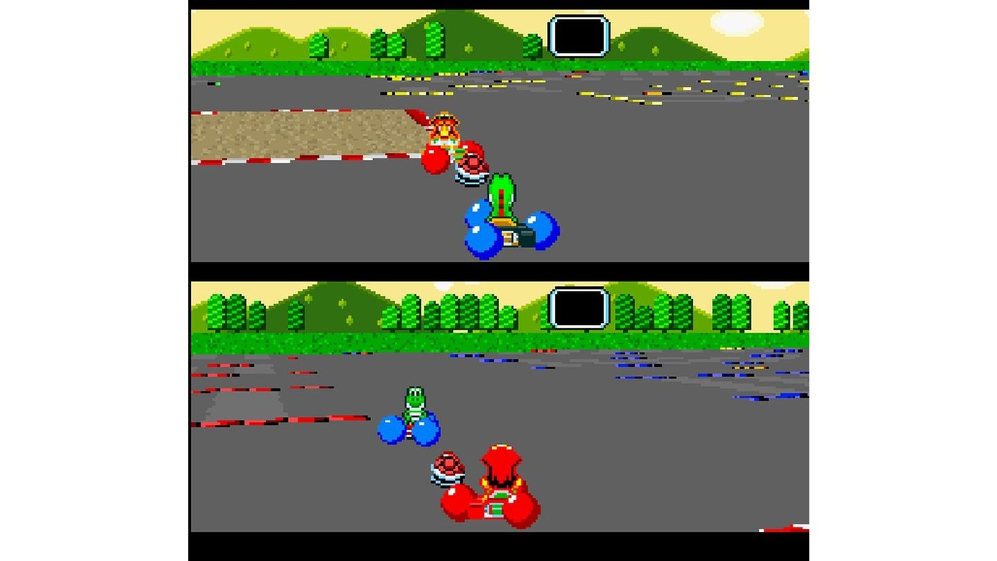 Super Mario KartIm Battle-Mode duellieren sich menschliche Spieler, bis alle Ballons am Kart zerplatzt sind. Yoshi attackiert mit einer »Roten«, doch Peach kontert im Stern-Modus.