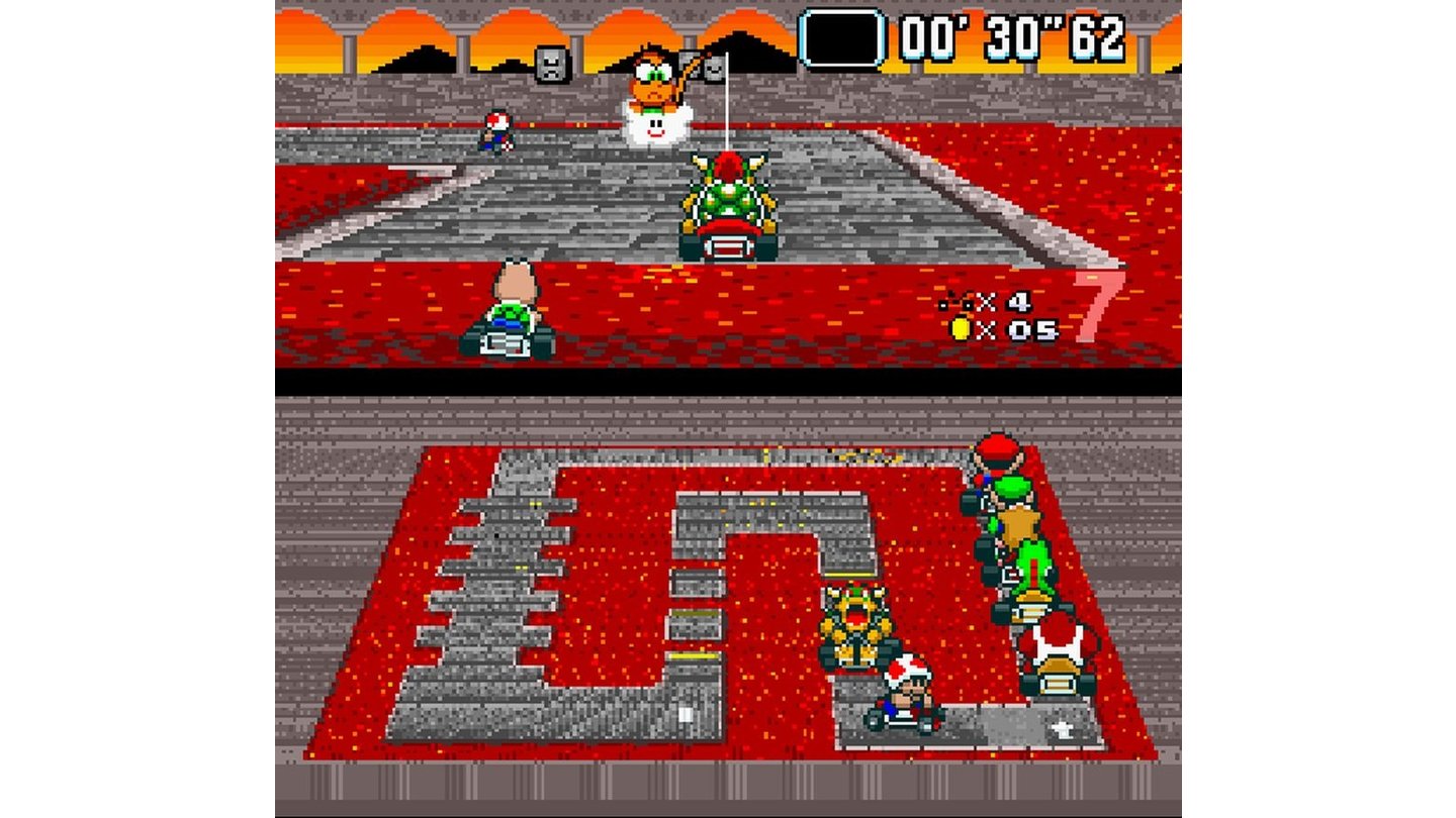 Super Mario KartAuf ein Vollbild müssen wir damals verzichten. Im Einzelspieler-Modus ist stets die Streckenkarte in der unteren Hälfte zu sehen – hier die von Bowsers Castle.