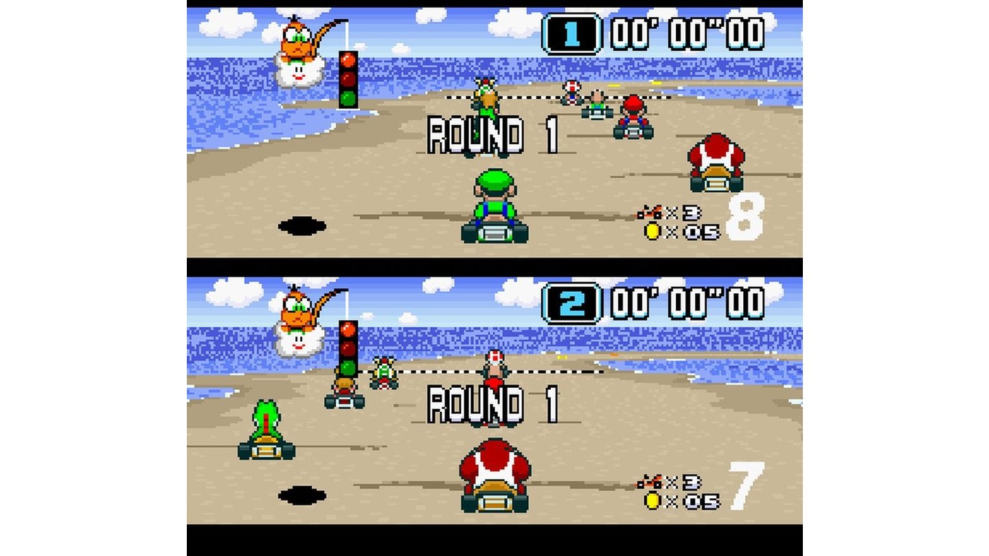 Super Mario KartBeim Start ist das Timing entscheidend. Wer an der richtigen Stelle (kurz vor der zweiten Ampel) Gas gibt, braust der Konkurrenz mit einem Turbo-Schub davon.