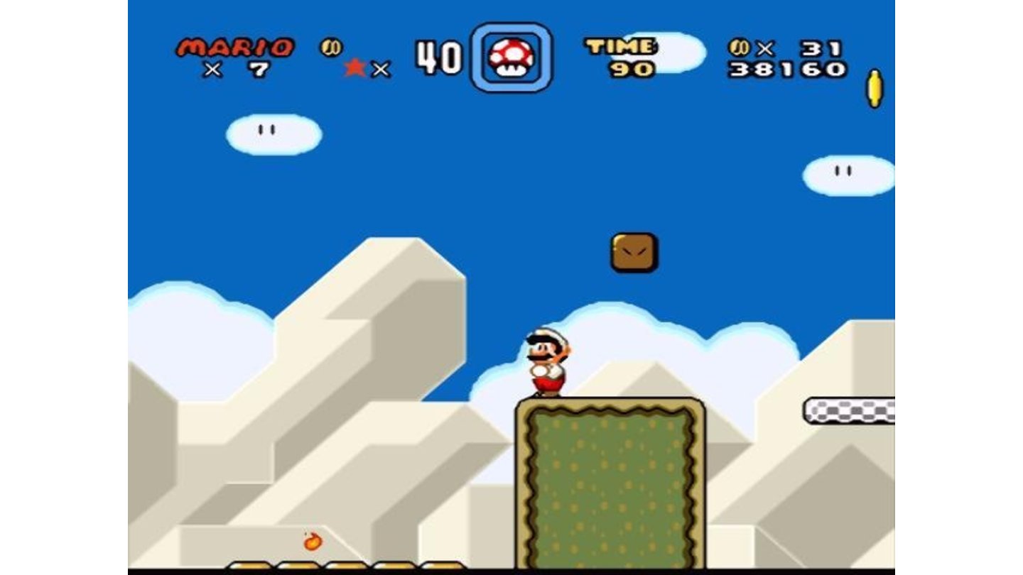 One of Mario's forms, what I call Spitting Mario: throw little grains on enemies to eliminate them