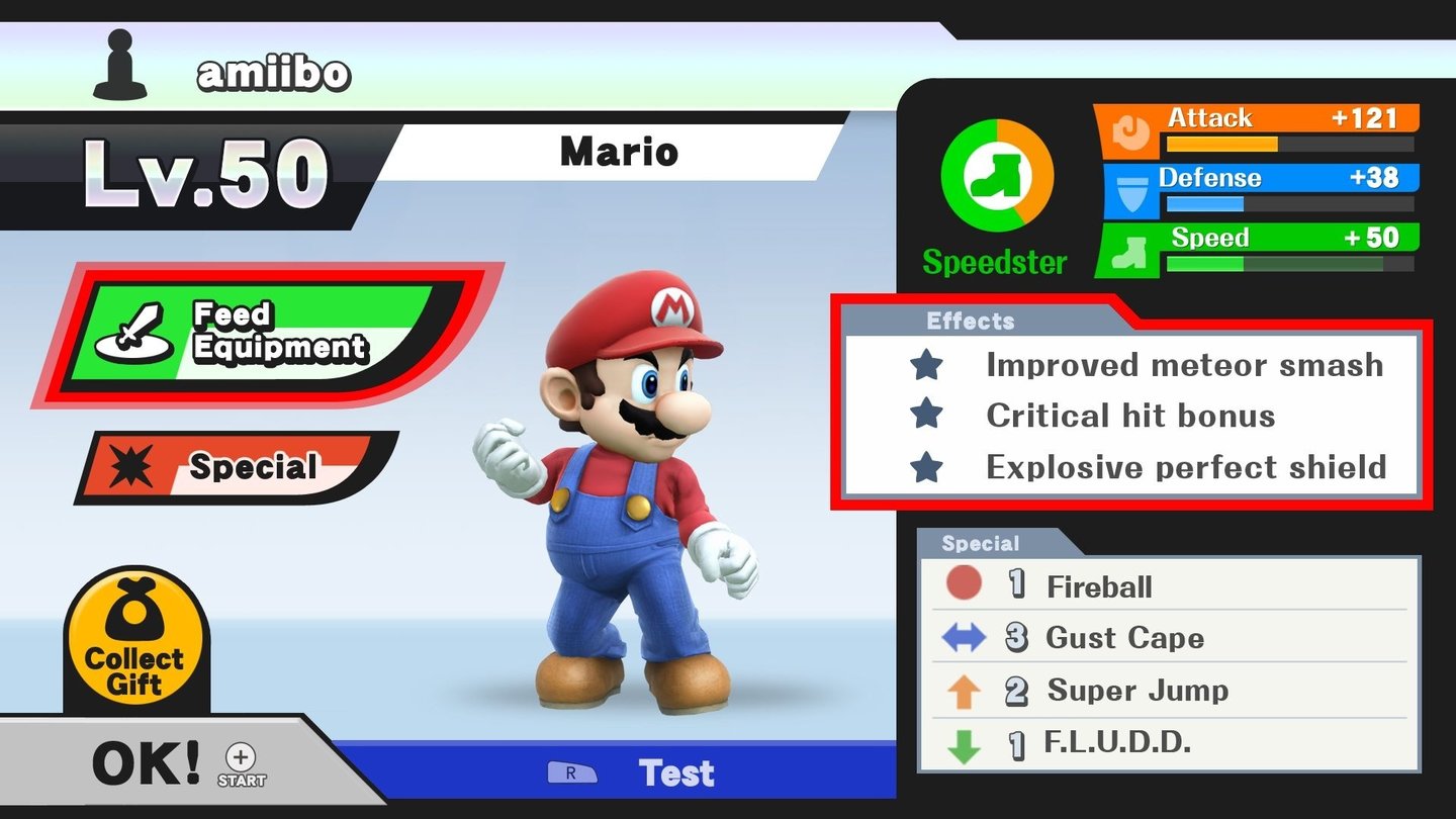 Super Smash Bros. - Screenshots der Wii-U-VersionDer Übersichtsbildschirm eines Amiibo-Kämpfers auf Maximal-Level. Man beachte, dass er eine Handvoll Spezialeigenschaften erhalten hat.