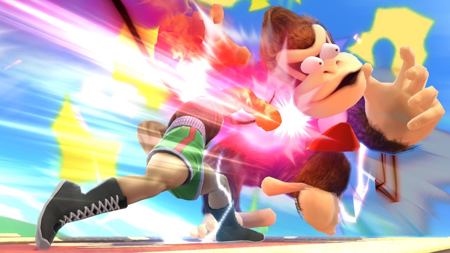 Super Smash Bros.Kleiner Boxer gegen Riesenaffe: Wenn Little Mac aufdreht hat, kann sich selbst der dicke Donkey Kong nicht auf dem Boden halten.