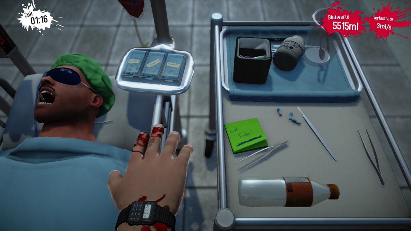 Surgeon Simulator - PS4-ScreenshotsAndere Szenarien bieten wenig Reiz für eine neue Runde. Auf dem Korridor fährt unser Werkzeug an uns vorbei. Das macht das Spiel aber eher noch frustrierender.