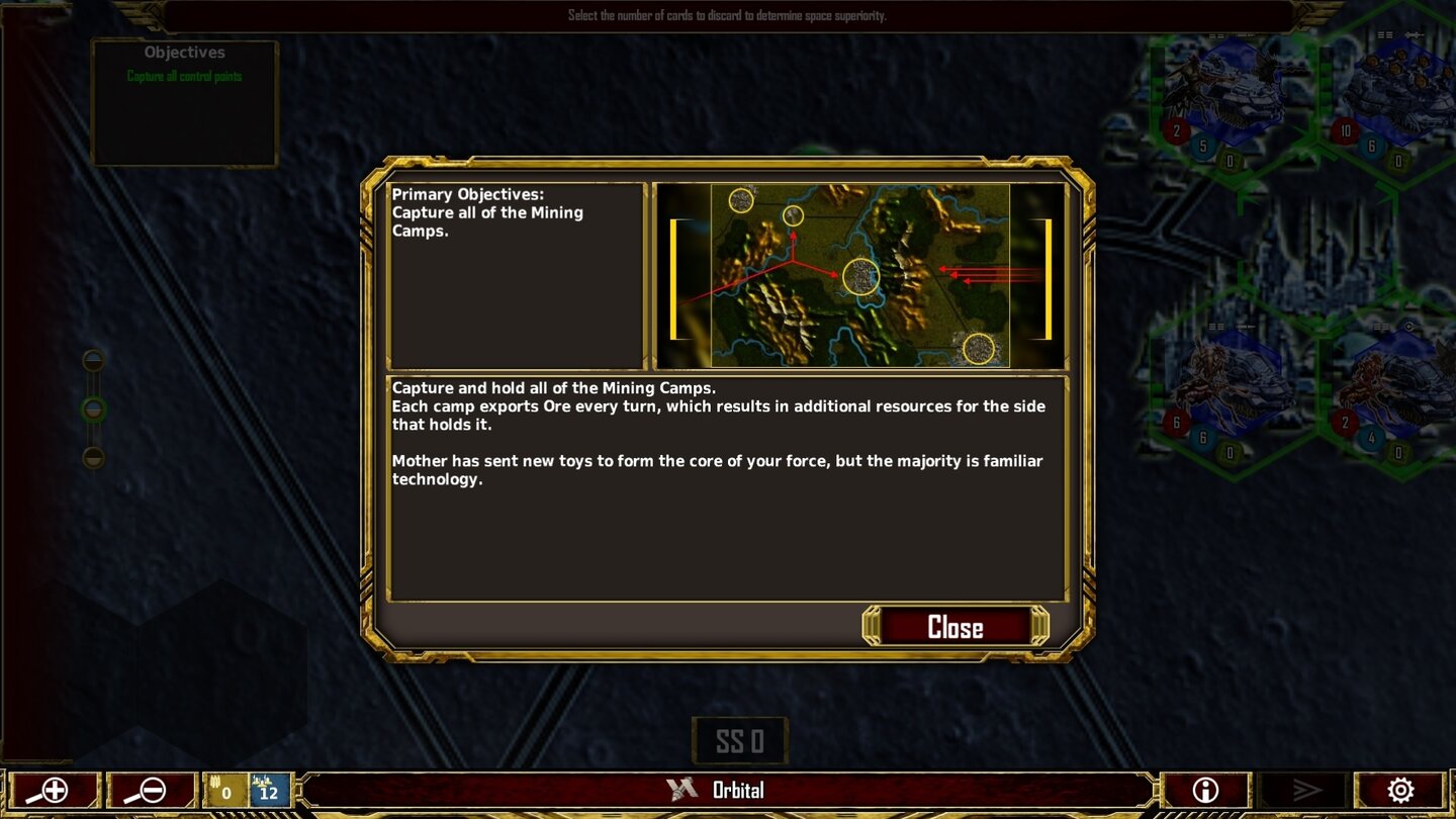 Sword of the Stars: Ground PoundersMissionsziele werden mit Texteinblendungen erklärt. Die eingeblendete Minimap hat übrigens nichts mit den tatsächlichen Verhältnissen auf der Karte zu tun und ist nur ein dekoratives Briefing-Bild.