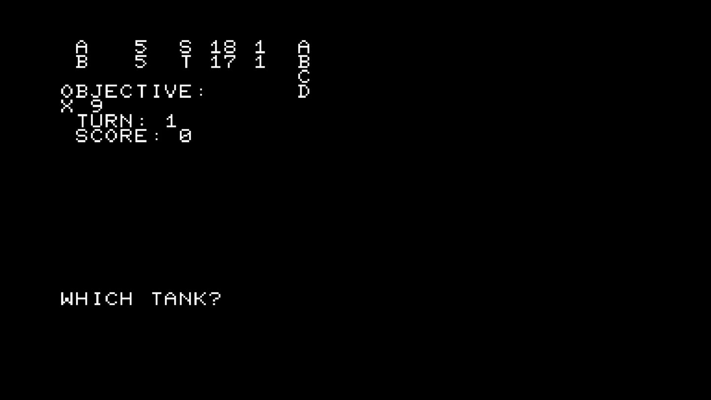 Tanktics (1978)Chris Crawfords erstes Strategiespiel begnügt sich bei der Panzerschlacht-Berechnung mit Text pur. Die PET-Version verkauft er in Eigenregie, Avalon Hill veröffentlicht 1981 Umsetzungen.