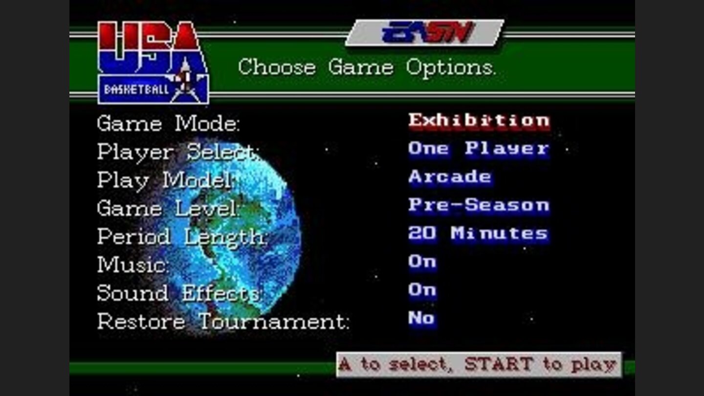 Main menu - exhibition mode has more options than tournament