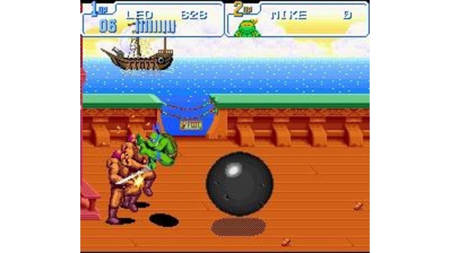 While fighting some Stone Warriors, the ship in the background fires some over-sized cannonballs at leo