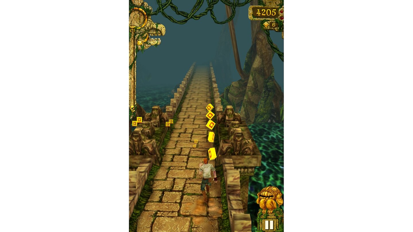 Temple RunDas Spielprinzip von Temple Run ist simpel, weglaufen heisst die Devise. Der Charakter wird von bösartigen Affen verfolgt, denen wir ein wertvolles Idol geklaut haben. Auf der Flucht müssen wir Gefahren wie Feuerfallen, Wurzeln und Löchern im Weg ausweichen. Endgültig entkommen können wir nicht, Ziel ist es möglichst weit zu rennen und immer höhere Punktzahlen zu ergattern, womit wir diverse Power-Ups und Achievements freischalten. Gesteuert wird per Gesten und mit Hilfe des Gyroskops im iPhone.