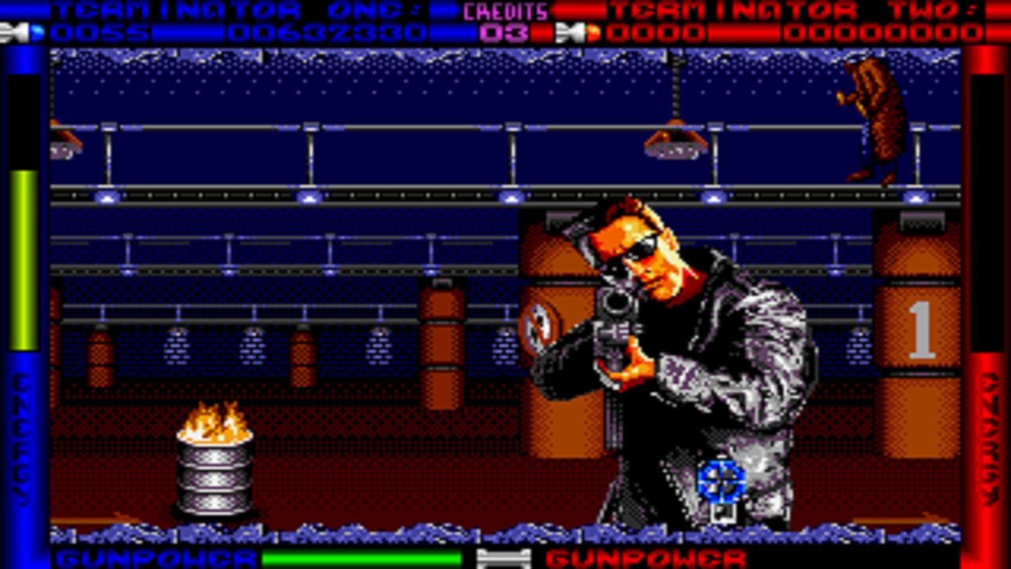 Terminator 2: Judgment Day (1993, Spielautomat)
Die Spielhallen-Version des Terminator-2-Films von 1993 ist ein Koop-Shooter für Zwei. Beide Spieler steuern von der menschlichen Guerilla umprogrammierte T-800-Terminatoren und müssen versuchen, so viele gegnerische Einheiten wie möglich zu Cyberschrott zu verarbeiten.