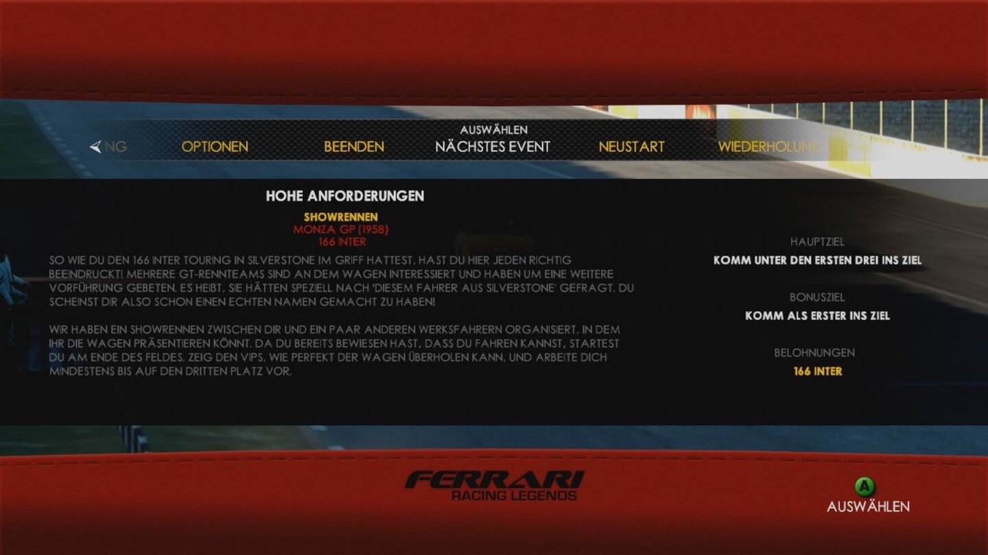 Test Drive: Ferrari Racing LegendsÖde: Mit diesen simplen Texttafeln werden Rennziele angezeigt. Zwischensequenzen gibt es nicht.