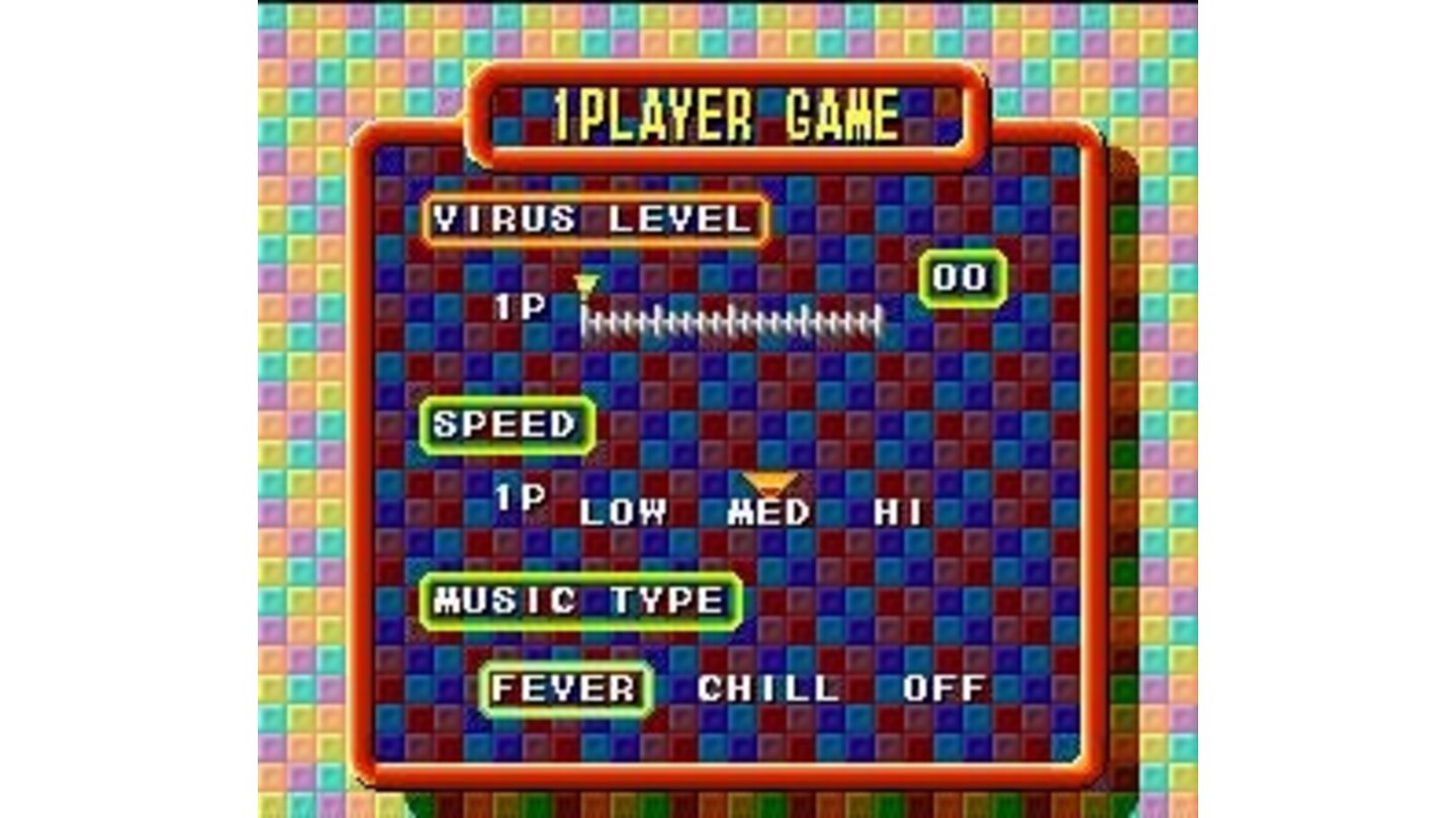 1-Player Game setup screen: change the virus level, fall speed and your favorite music.