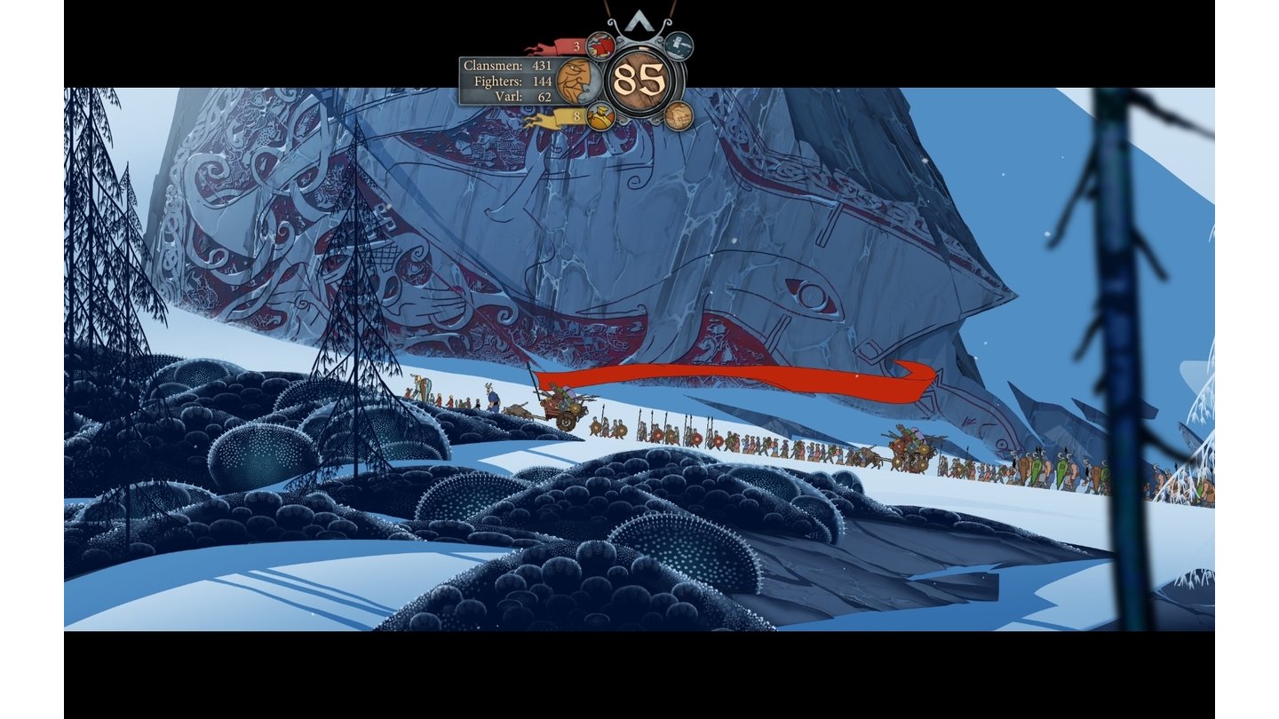 The Banner Saga (PC)Die Karawane zieht weiter, vorbei an wunderschön gezeichneten 2D-Panoramen.