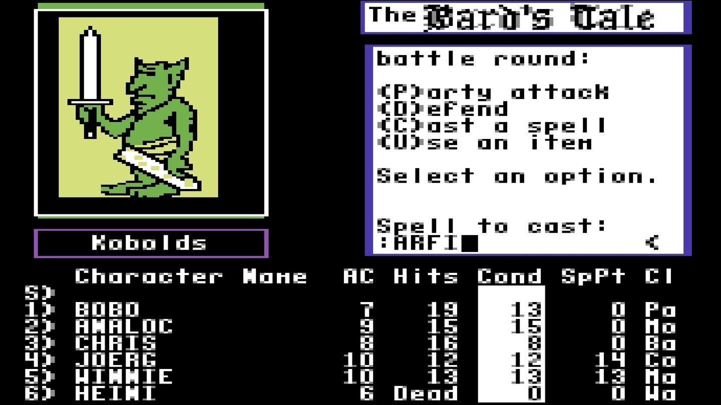 The Bard’s Tale (1985)Nach heutigen Maßstäben umständlich und bockschwer, aber auf dem C64 war’s die perfekte Dungeon-Crawler-Einstiegsdroge. Skara Brae und seine gefährliche Unterwelt machten süchtig, einige Bardenlieder können Veteranen 30 Jahre später noch im Schlaf nachpfeifen. Höhepunkt der Trilogie war Bard’s Tale 3 von 1988 (mit innovativem Automapping!).