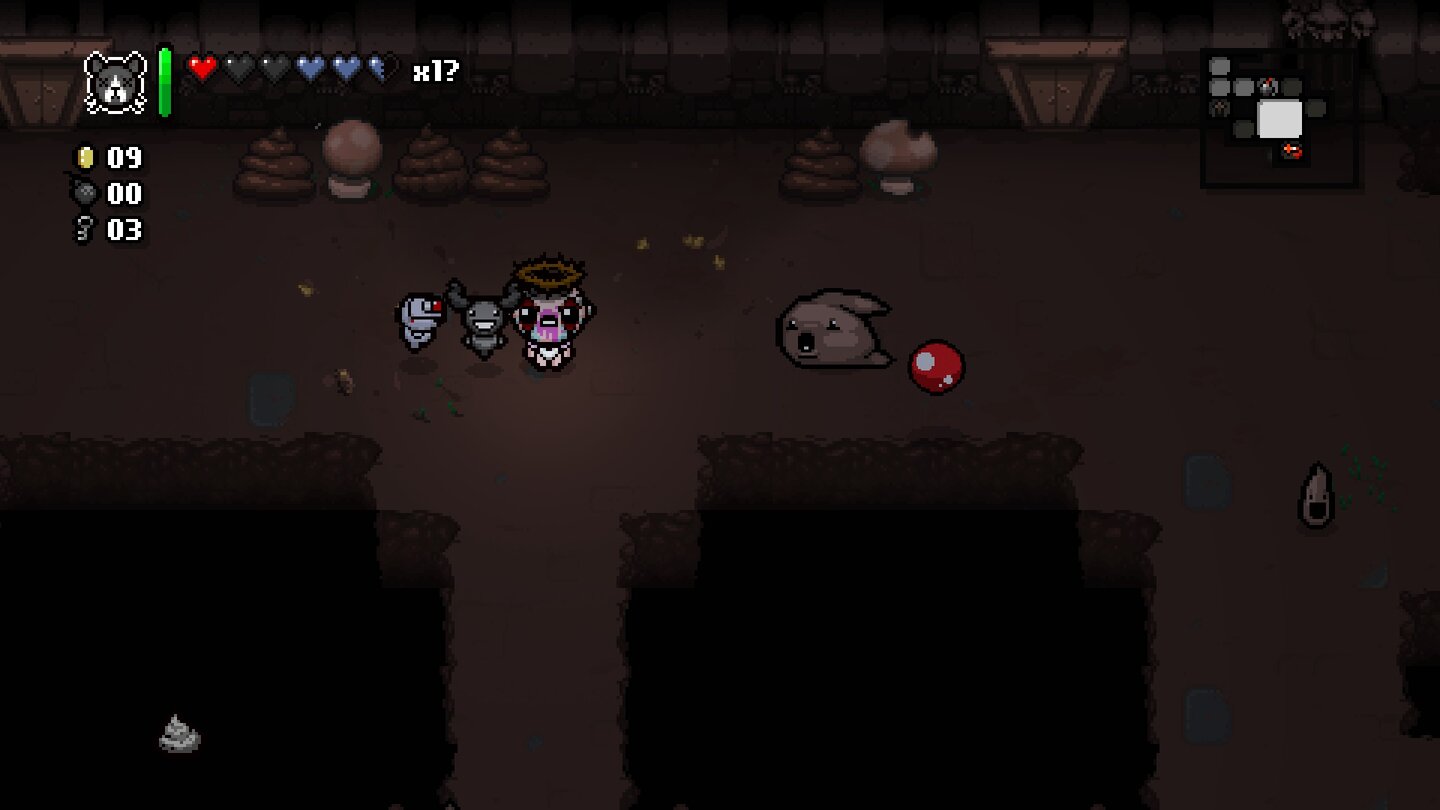 The Binding of Isaac RebirthIn Rebirth gibt es Räume, die bis zu vier Mal so groß sind wie im Original. Hier greifen uns beispielsweise mehrere Kackhaufen an.