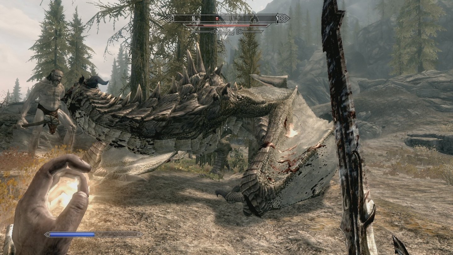 The Elder Scrolls 5: Skyrim (Xbox 360)Ein Drache legt sich mit einem Riesen an – und wird den Kürzeren ziehen.