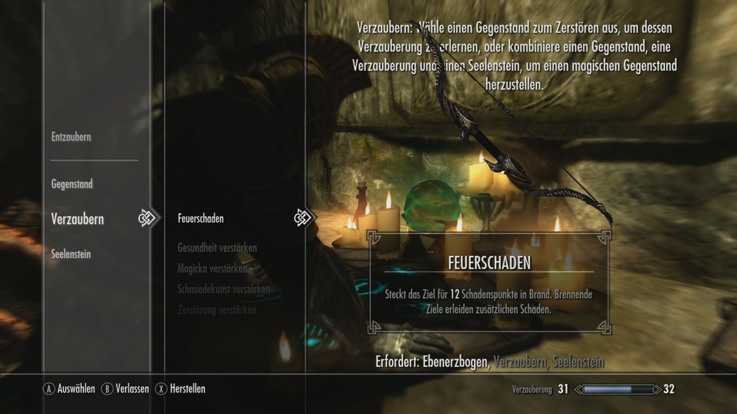 The Elder Scrolls 5: Skyrim (Xbox 360)Dank des Verzaubern-Talents können wir Waffen magische Eigenschaften verleihen.