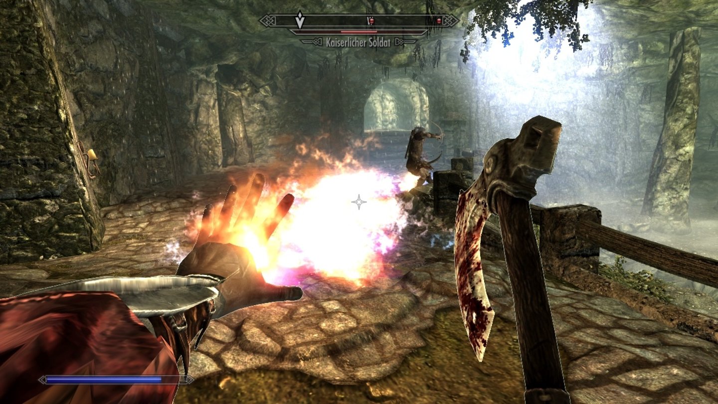 The Elder Scrolls 5: Skyrim (PC)Wir überraschen den feindlichen Bogenschützen, indem wir die Öllache zu seinen Füßen entzünden.