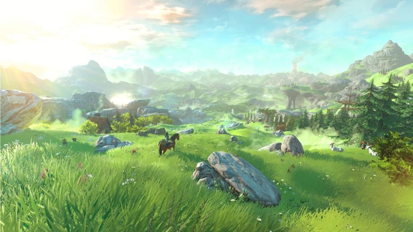 The Legend of Zelda (Wii U)Die riesige, frei erkundbare Spielwelt machen wir zu Fuß oder auf dem Rücken von Links Pferd Epona unsicher.