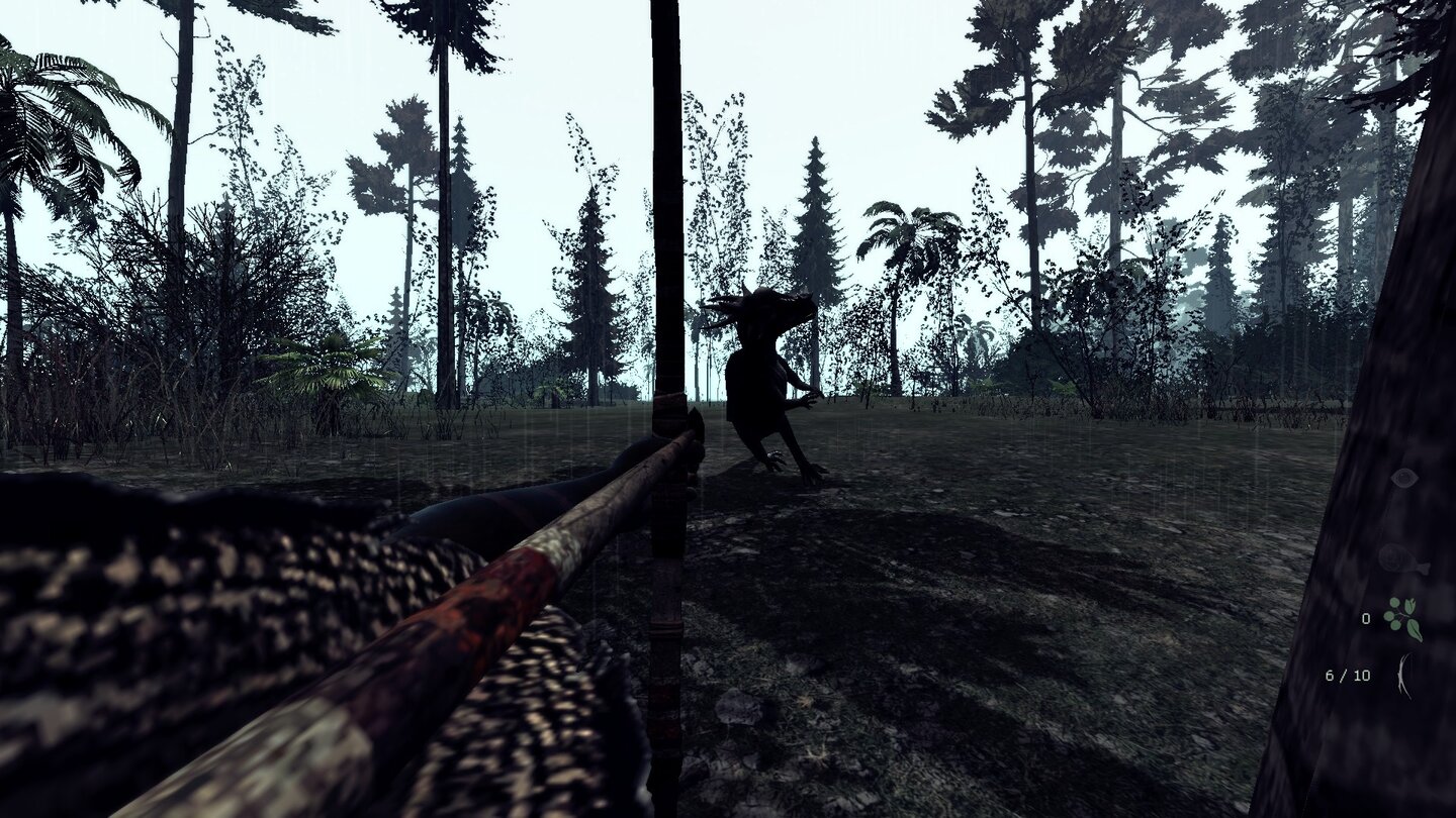 The Stomping Land - Early-Access-ScreenshotsGejagter Jäger: Wir kommen einem anstürmenden Dino zuvor, wobei der erste Pfeil bereits unser Gegenüber zu Boden gingen ließ.