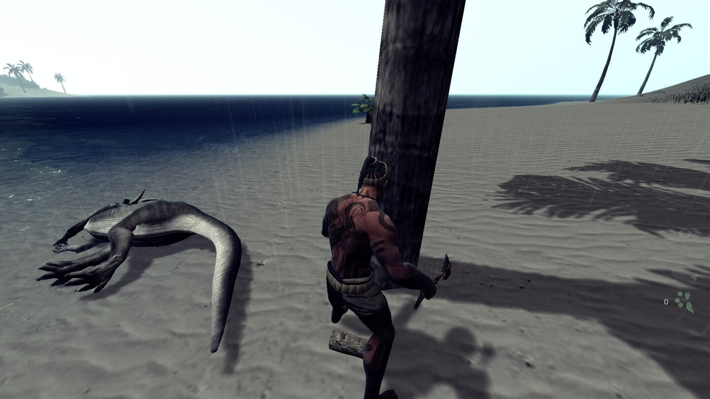 The Stomping Land - Early-Access-ScreenshotsRabiate Ruhestörung: Eigentlich wollten wir nur einen Baum fallen, da kam uns ein Saurier in die Quere – ein überzeugter Holzfäller kann solche Störung auf der Arbeit natürlich nicht auf sich sitzen lassen.