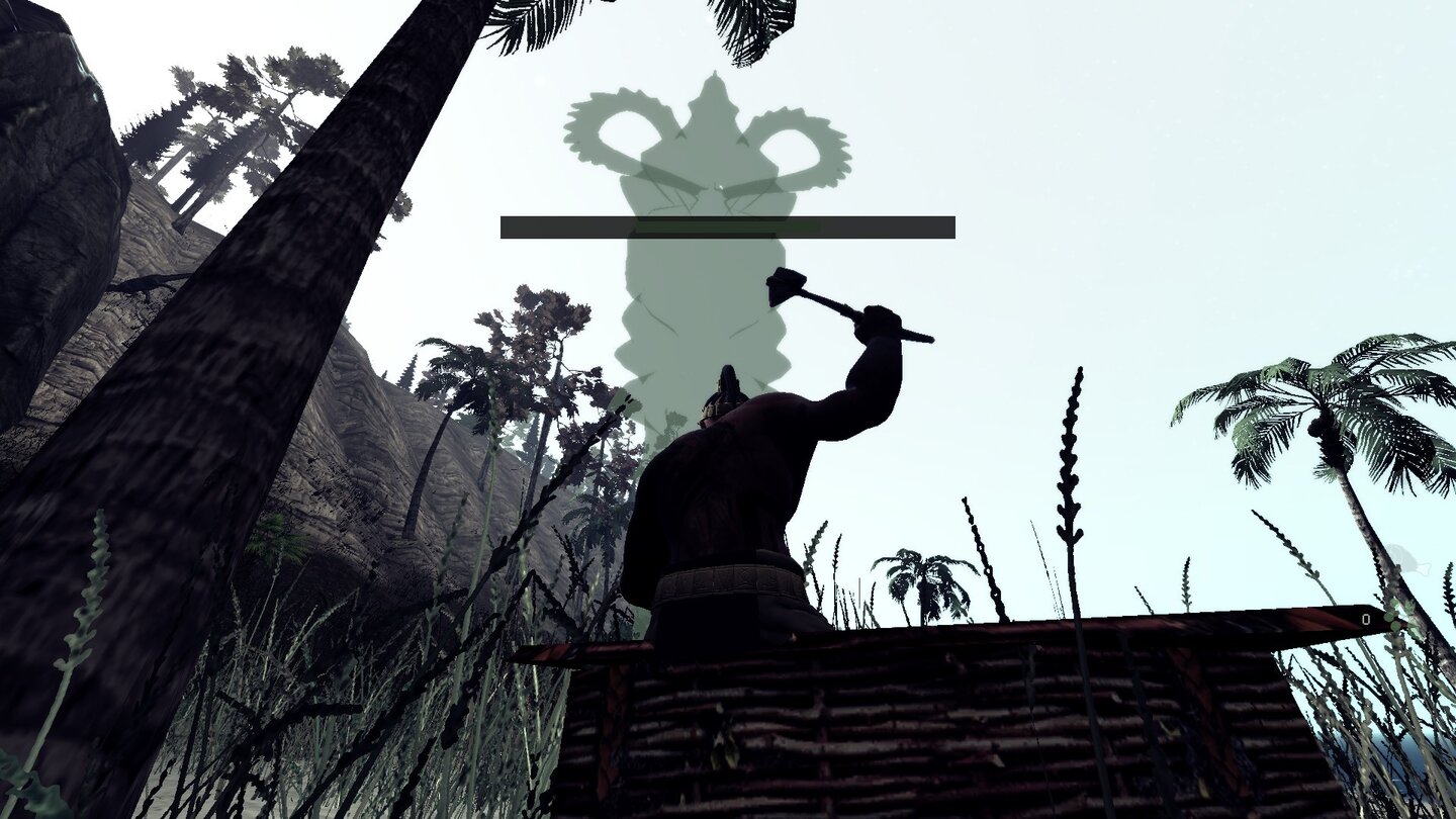 The Stomping Land - Early-Access-ScreenshotsStaatsreligion: Wir bauen uns ein Totem mit den Ressourcen aus der Kiste am unteren Bildschirmrand. Das dient allerdings nicht der Huldigung der Götter, sondern erlaubt den Zusammenschluss von Spielern in einem Clan – bis auf einen separaten Chatabschnitt ist dies allerdings derzeit nicht von Bedeutung.