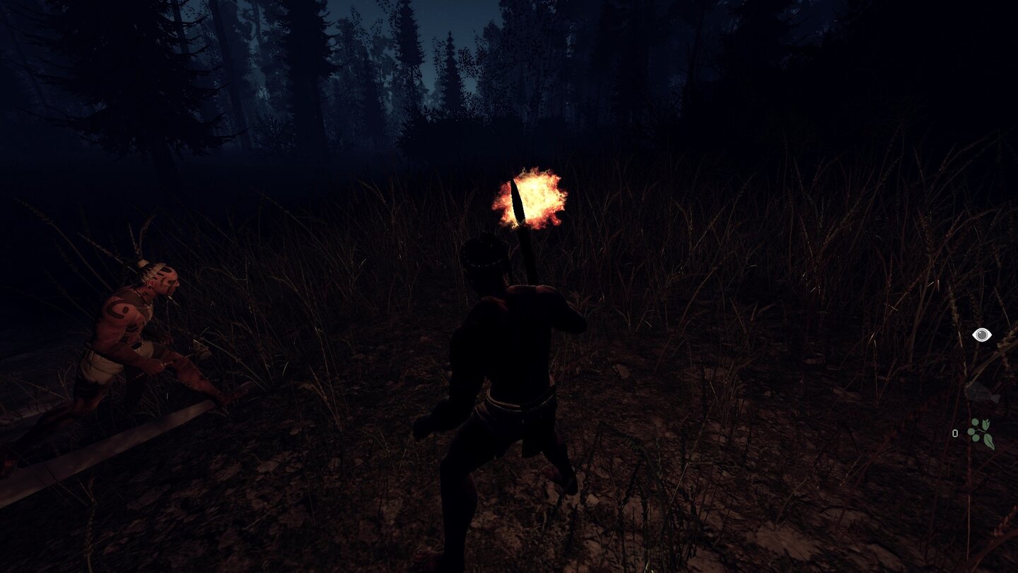 The Stomping Land - Early-Access-ScreenshotsHerz der Finsternis: Bevorzugt im Dunkeln müssen wir auf vollen Servern mit feindlichen Angriffen rechnen – wenn sich denn koordinierte Spielergruppen finden. Hier haben wir es nur mit einem Wahnsinnigen zu tun, der uns alleine mit der Axt traktiert.