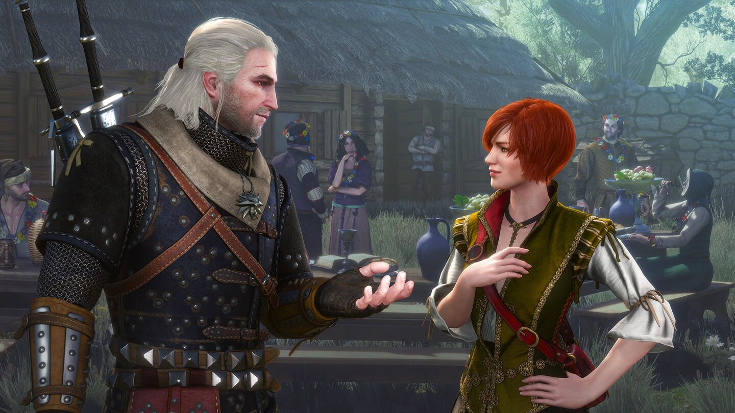 The Witcher 3: Hearts of StoneAuf einer Hochzeitsfeier kommen sich Shani und Geralt näher.