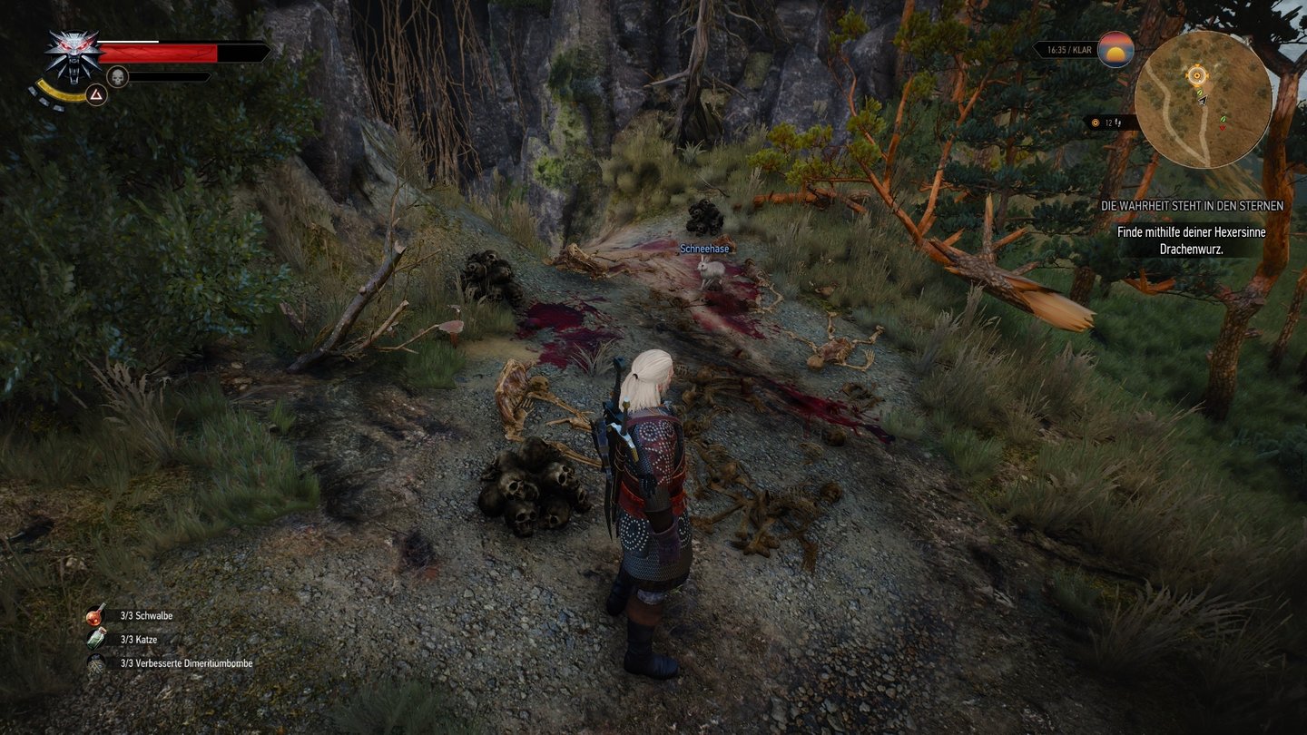 The Witcher 3: Wild Hunt (PC)Kommt erfahrenen Gralsrittern verdächtig bekannt vor: Eine Höhle voller abgeneigter Leichen mit einem weißen Karnickel davor...