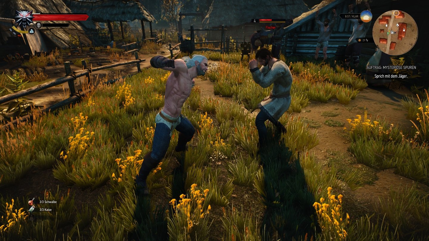The Witcher 3: Wild Hunt (PC)Um seine Reisekasse aufzubessern, kann Geralt auch an Faustkämpfen teilnehmen und auf den eigenen Sieg wetten.