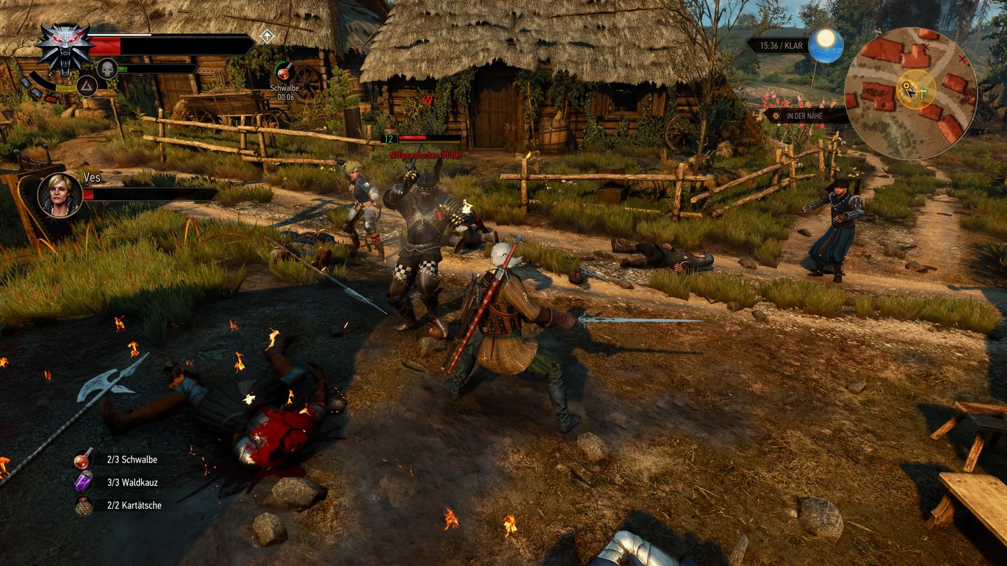 The Witcher 3: Wild Hunt (PC)Gemeinsam mit zwei alten Bekannten, Vernon Roche und Ves, verprügeln wir nilfgaardische Soldaten.