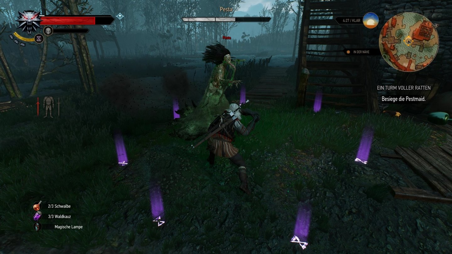 The Witcher 3: Wild Hunt (PC)Geister wie diese Pestmaid müssen wir erst mit der Yrden-Falle stofflich machen, bevor wir ihnen unser Schwert auf den Pelz brennen können.