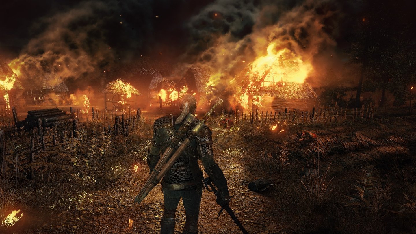 The Witcher 3: Wild HuntIm Spieleverlauf stößt der Hexer auf ein Dorf, das von der Wilden Jagd (rechts) niedergebrannt wurde.