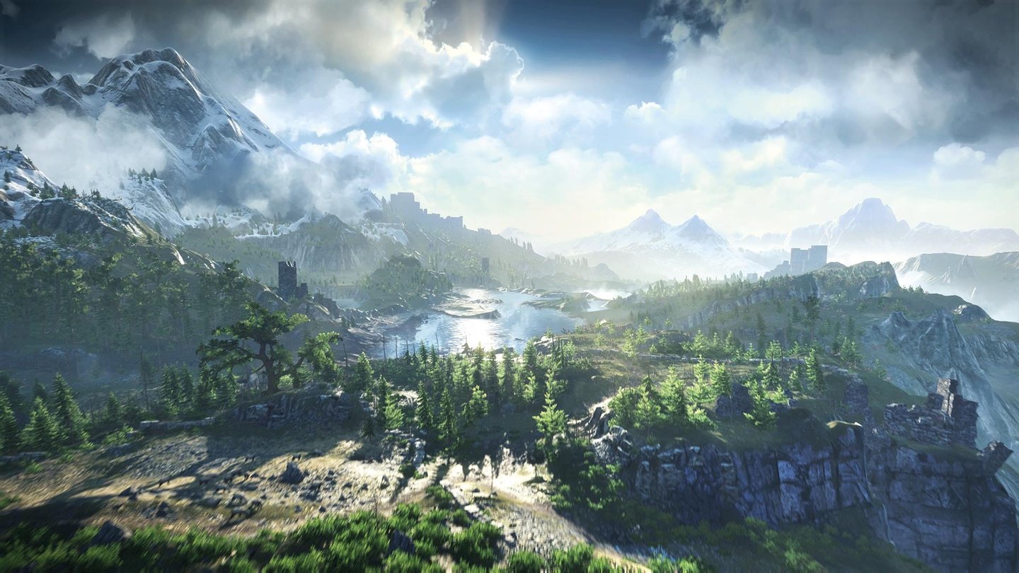The Witcher 3: Wild HuntDer Panoramablick offenbart Ruinen, die zu Erkundungstouren einladen sollen. Vermutlich hausen dort Monster, die wertvolle Belohnungen abwerfen.