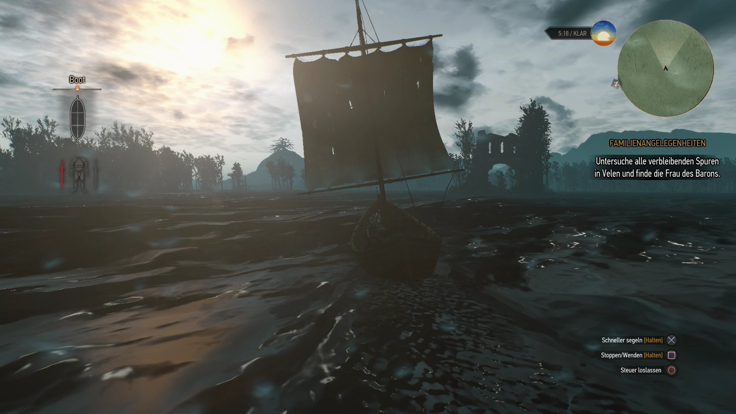 The Witcher 3: Wild HuntWir schippern über einen See und sichten dabei eine interessante Insel mit einem verfallenen Gebäude.
