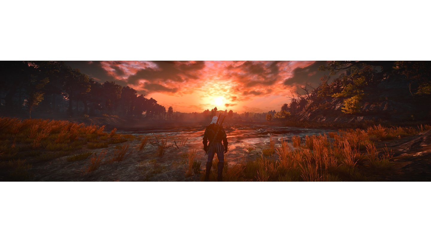The Witcher 3: Wild Hunt (PC)An einem See im Niemandsland betrachten wir den Sonnenuntergang.