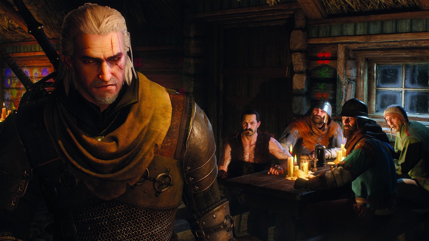 The Witcher 3: Wild HuntEin paar Deserteure wollen eine Schlägerei provozieren. Als Hexer ist Geralt nur selten willkommen.