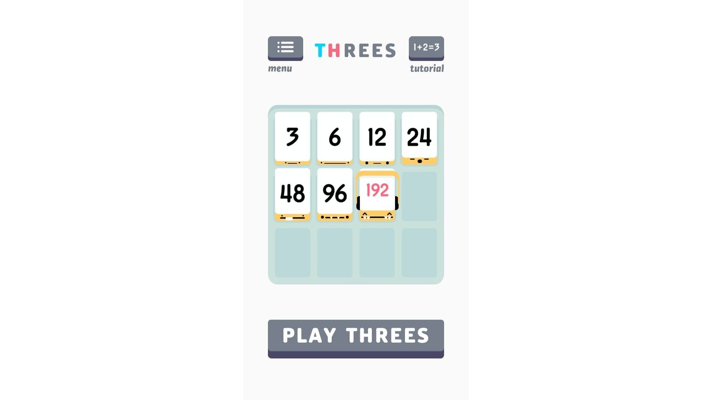 Threes!Gemein! Im Hauptmenü zeigt Threes! als Motivation die höchste bisher erreichte Kombination – bei uns ist da noch Luft nach oben.