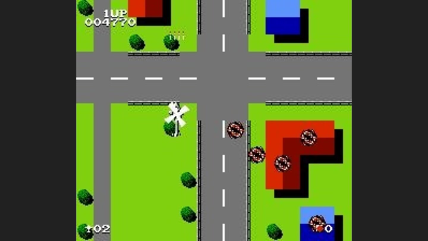 Passing by buildings, most of which explode when fired upon