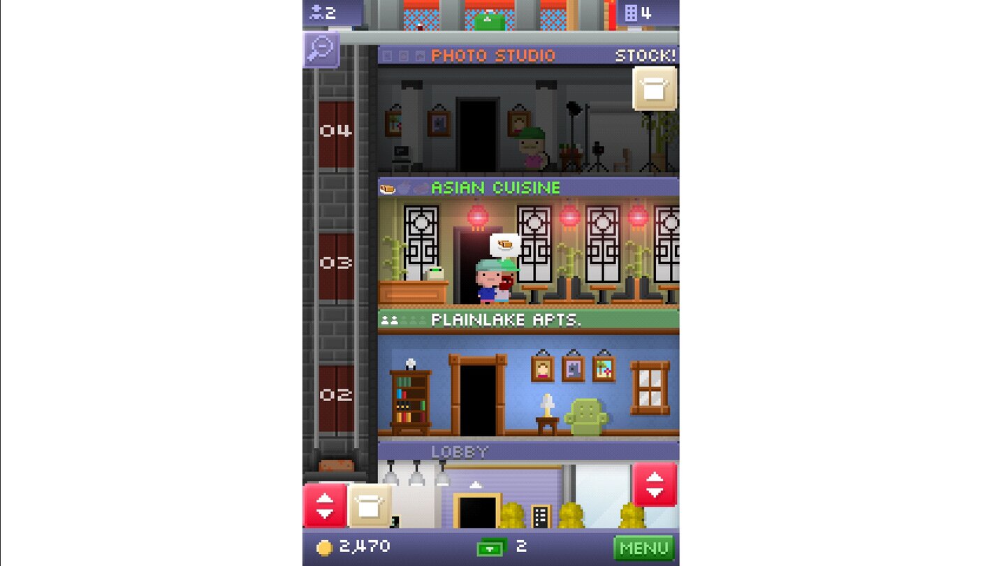 Tiny TowerTiny Tower ist ein witziges Aufbauspiel in knuffiger 8-Bit-Optik. Im Spielverlauf bauen wir unseren eigenen Wolkenkratzer immer höher und füllen jedes Stockwerk mit Leben. Damit das klappt, brauchen wir Bewohner, die natürlich auch mit Jobs, Essen und Freizeitangeboten versorgt werden wollen. Dafür braucht es wieder neue Stockwerke, die wieder neu bewirtschaftet werden müssen. So geraten wir schnell in eine Suchtspirale, immer wieder sagen wir uns: »Nur diese eine Ebene noch, dann höre ich auf.« Meistens werden es dann doch eher zehn.