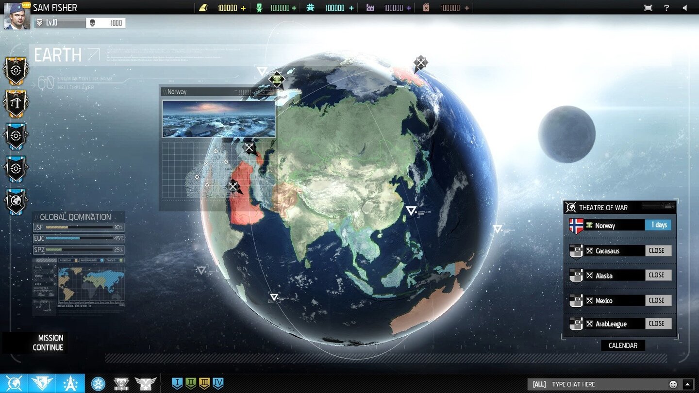 Tom Clancy’s Endwar OnlineDie Erde 2030: Auf der Weltkugel ploppen meherer Tage lang die Territorien auf, in denen die Fraktionen gegeneinander antreten (hier zum Beispiel Norwegen). Wer dort am Ende die meisten Siege eingefahren hat, gewinnt das Gebiet und seine Rohstoffquellen