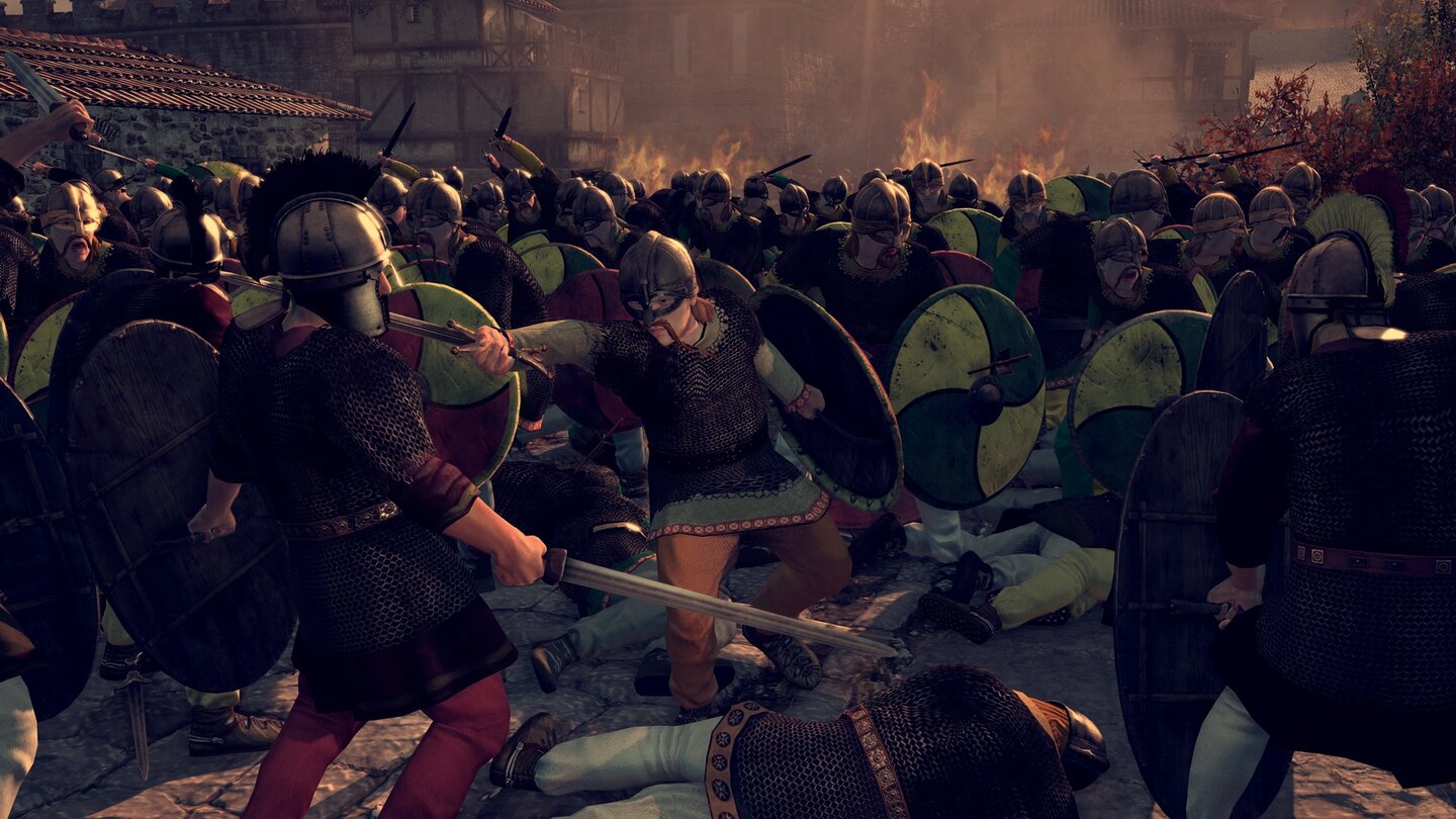 Total War: AttilaIn den Nahkämpfen geht es ordentlich zur Sache. So nah sind wir mit der Kamera aber so gut wie nie dabei, weil sonst die Übersicht flöten geht.