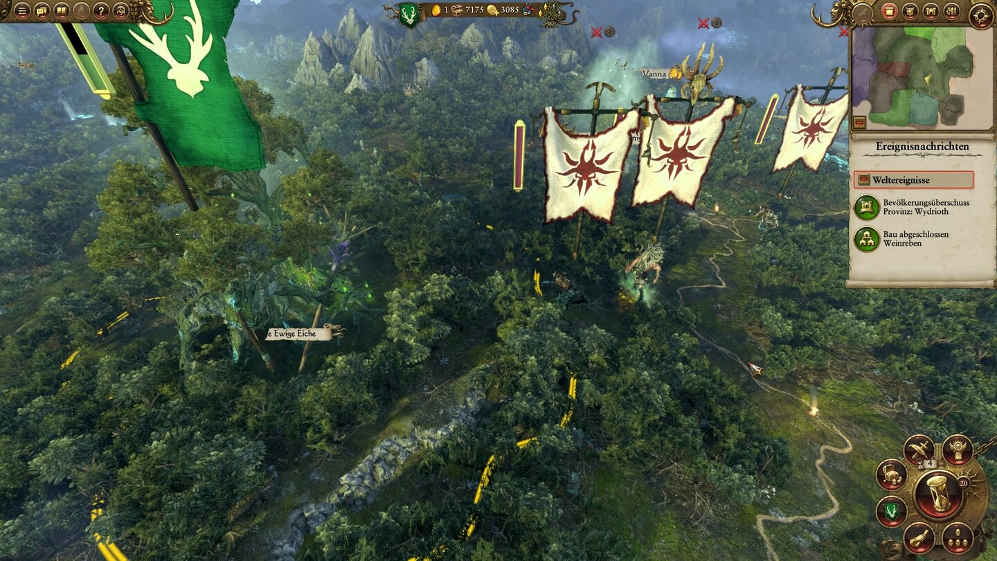 Total War: Warhammer - Realm of the Wood ElvesRunde 20 und gleich drei volle Armeen auf dem Weg zur ewigen Eiche: Die Kampagne zieht sehr früh abrupt mit dem Schwierigkeitsgrad an.
