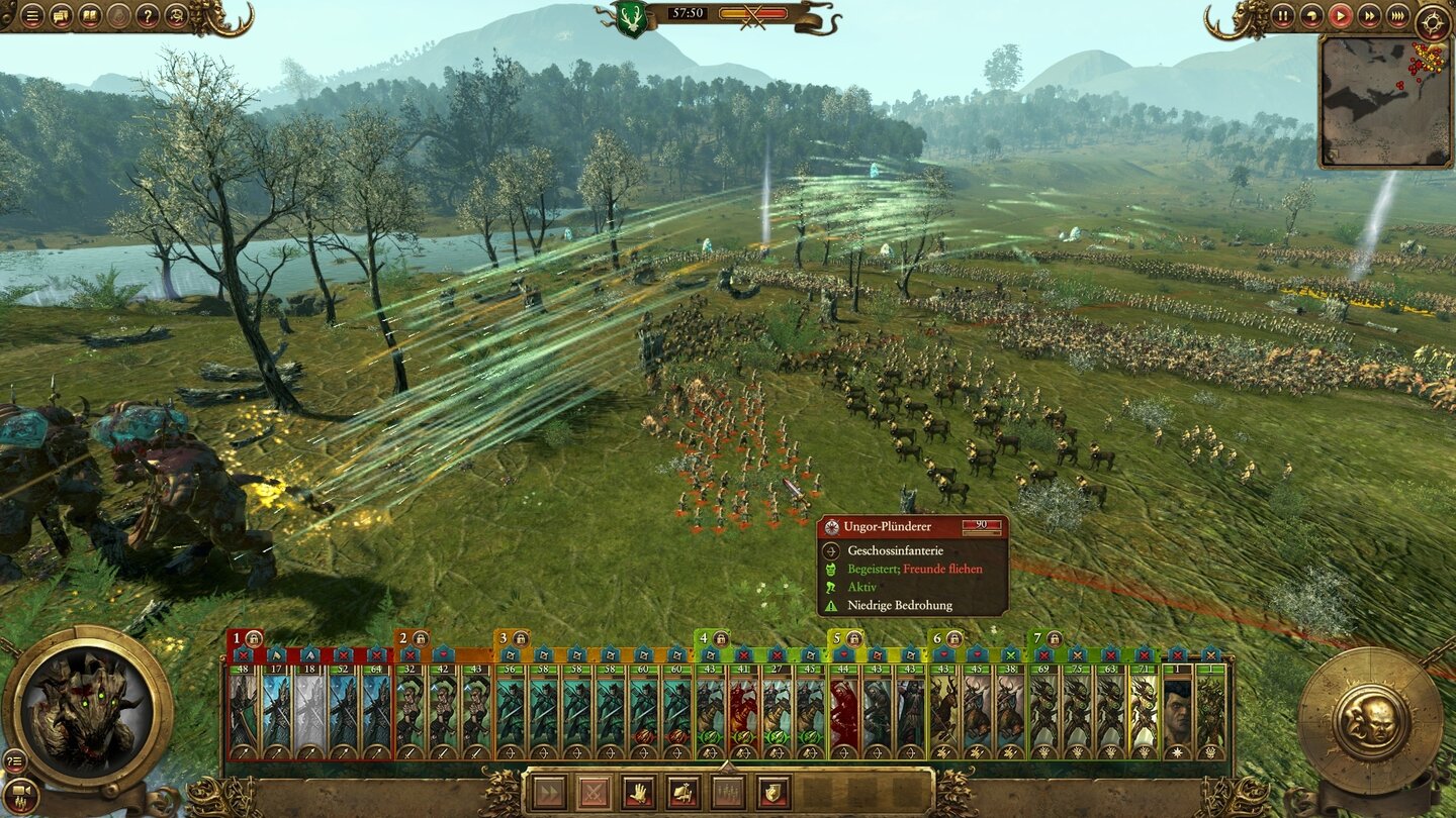 Total War: Warhammer - Realm of the Wood ElvesFeuer konzentrieren! Unsere komplette Bogenschützenarmee spickt einen feindlichen Riesen mit Pfeilen.