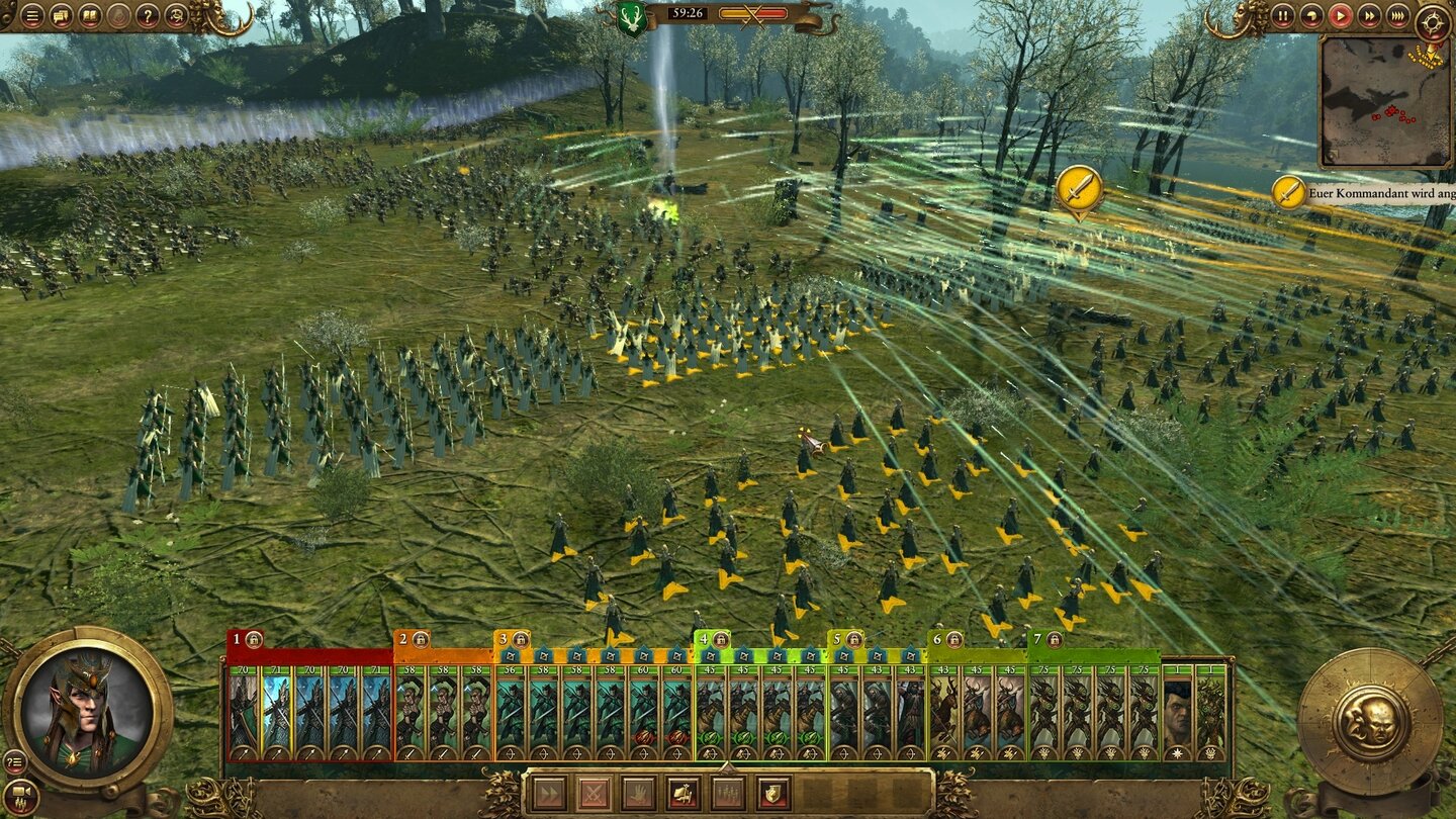 Total War: Warhammer - Realm of the Wood ElvesFeuer frei! Unsere Lanzenträger harren der anstürmenden Tiermenschen, unsere Schützen spicken sie mit Pfeilen.